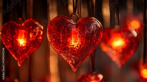 Obraz na płótnie Illuminated glass hearts suspended with glowing and diffused warm lighting w salonie