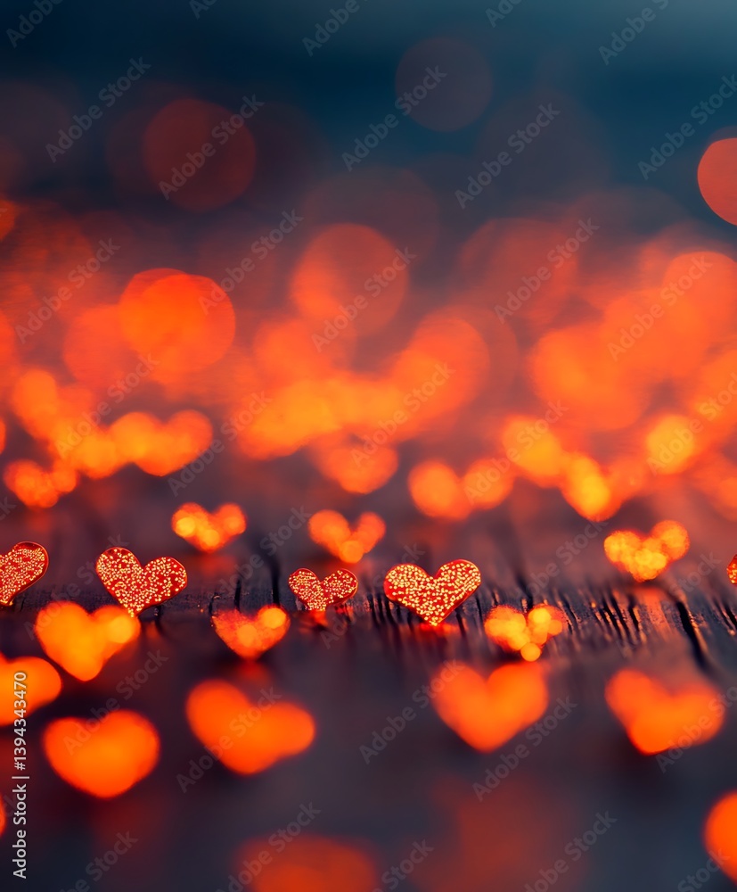 Many illuminated hearts on a dark wooden surface shine brightly
