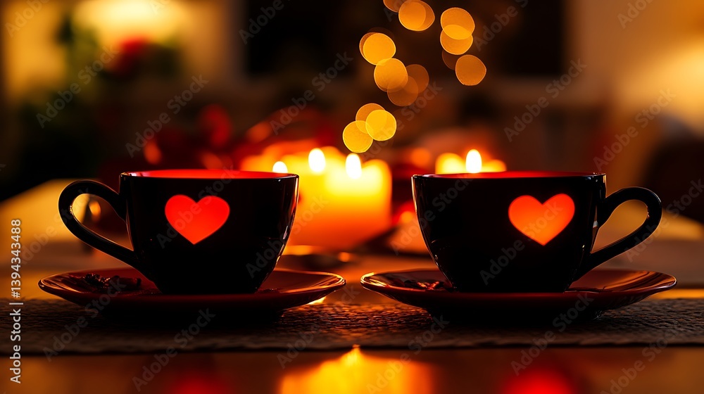 Two decorated cups sit on a table with candles lit nearby