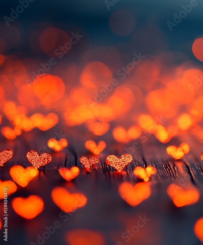 Obraz na płótnie Many illuminated hearts on a dark wooden surface shine brightly w salonie