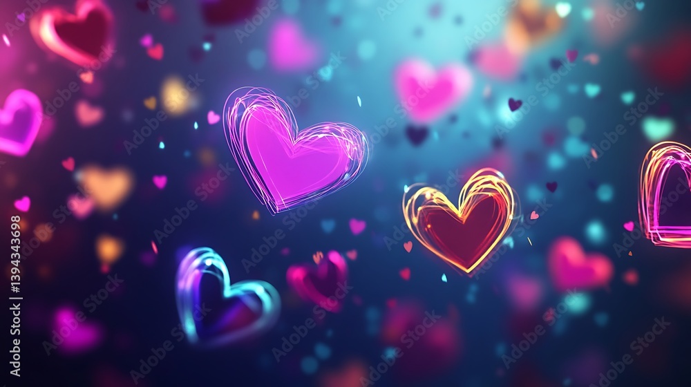 Glowing hearts of varied colors against a gradient blue background