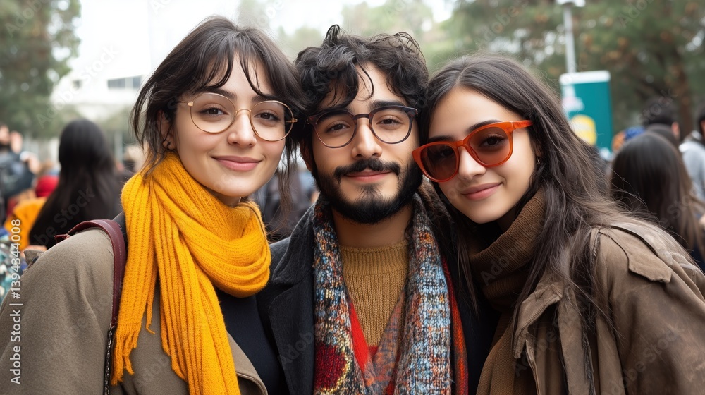 Three young adults stand closely together in a lively urban park, wearing fashionable clothes and accessories