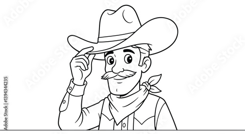 Friendly Cowboy Character Coloring Page Line Art Tipping Hat Politely Smiling Welcoming Western Illustration Scene Art