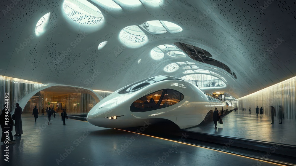 Fototapeta premium Futuristic Train Station with Streamlined Train and Modern Architecture