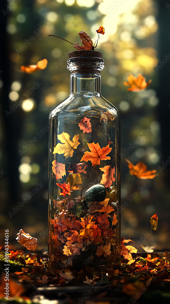Autumn leaves in glass bottle, forest setting Autumn leaves in glass bottle, forest setting