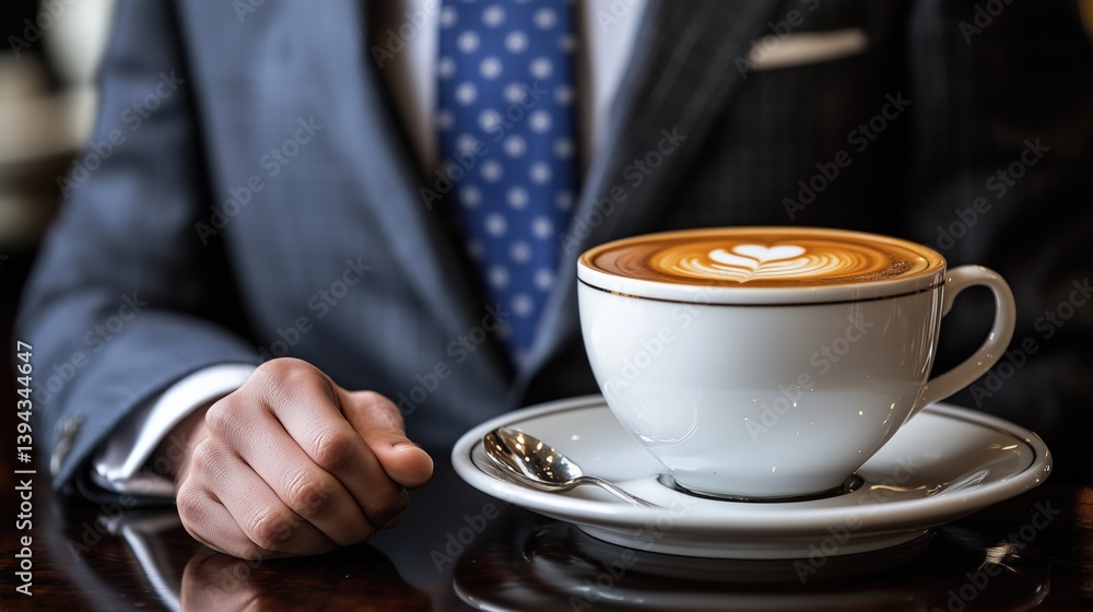 well-dressed individual in a suit is holding a cup of latte art coffee while seated at a polished table in an elegant cafe, engaged in conversation during a business meeting