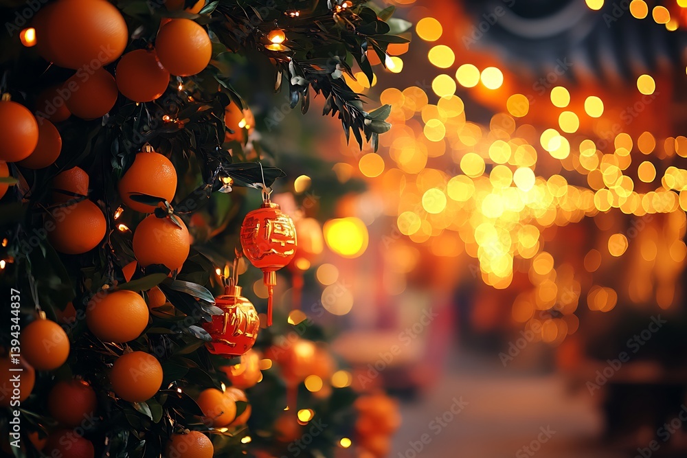An orange laden tree decorated with bright lanterns and lights