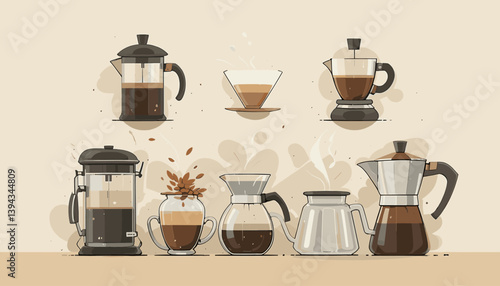 Flat Coffee Brewing Methods Vector Illustration