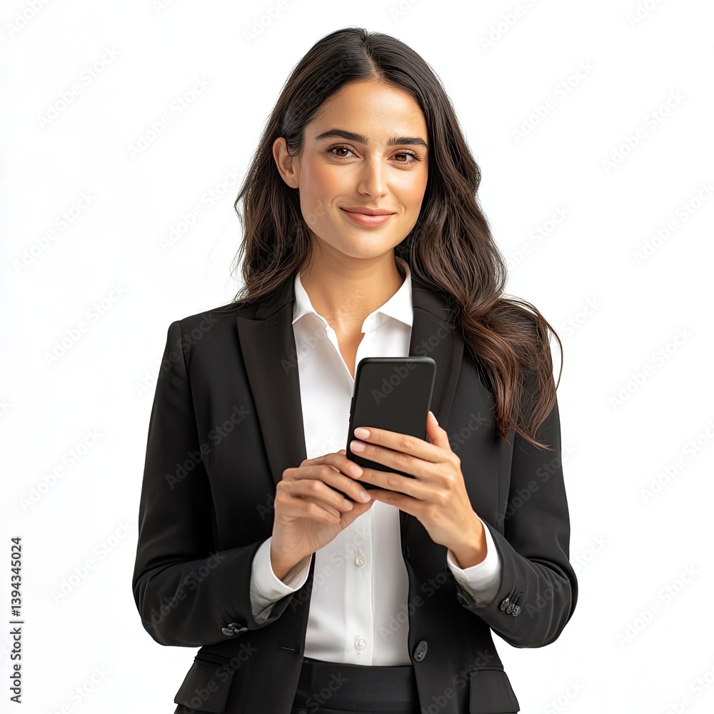 Confident businesswoman in blazer using smartphone for artscale promotion studio environment professional viewpoint Confident businesswoman in blazer using smartphone for artscale promotion studio environment professional viewpoint