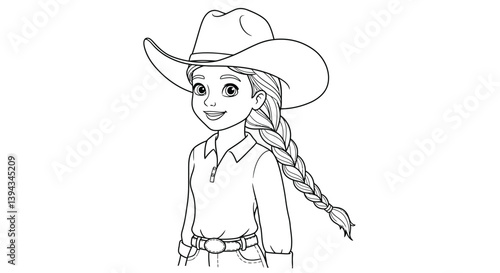 Western Girl Coloring Page Line Art Featuring Cowgirl With Braids Hat Casual Shirt Jeans Attire Illustration Detail