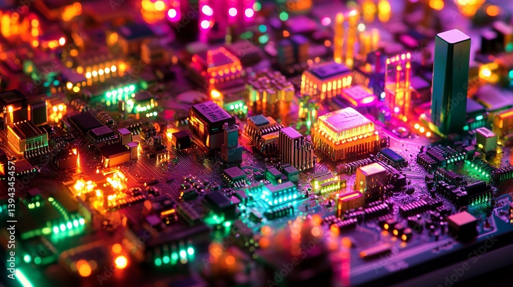 A vibrant and colorful close-up of a circuit board illuminated by LED lights. This image showcases the intricate details of technology. Generative AI