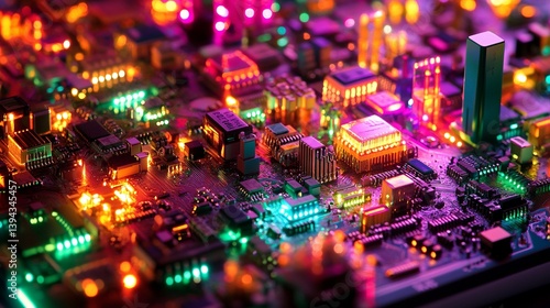 Obraz na płótnie A vibrant and colorful close-up of a circuit board illuminated by LED lights. This image showcases the intricate details of technology. Generative AI w salonie