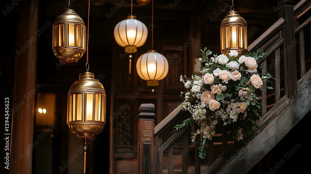 Illuminated Lanterns Decorate A Wooden Staircase With Floral Arrangements