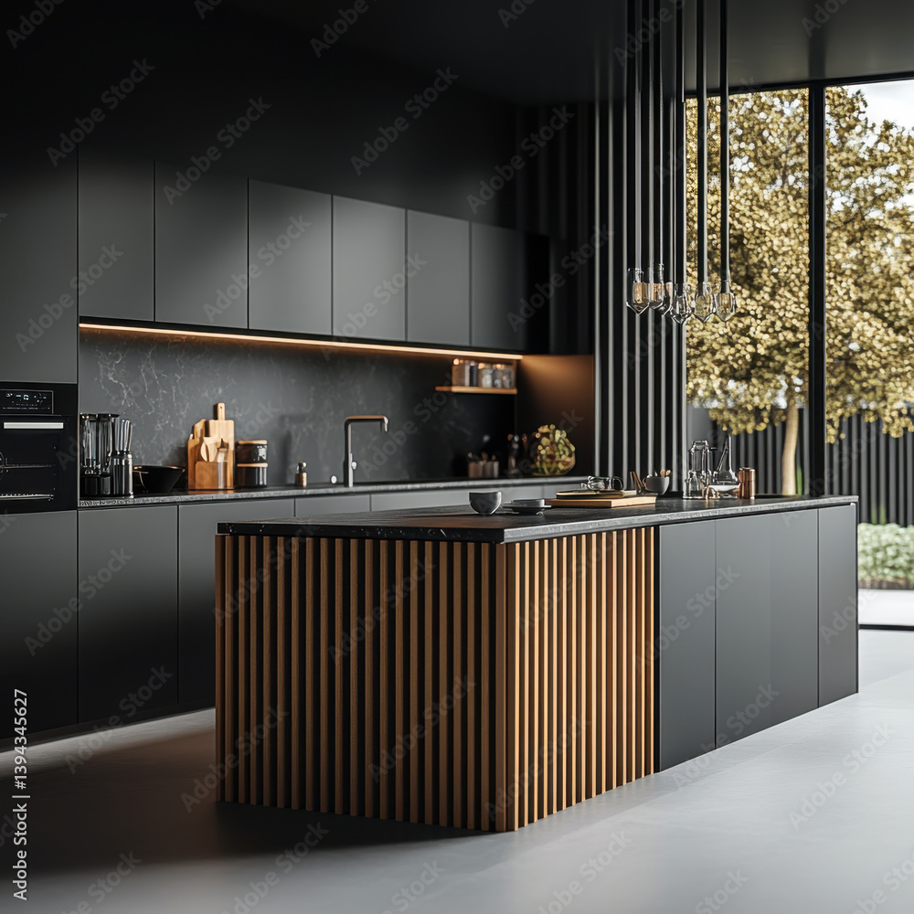 Dark and black modern kitchen with large kitchen wooden slats
