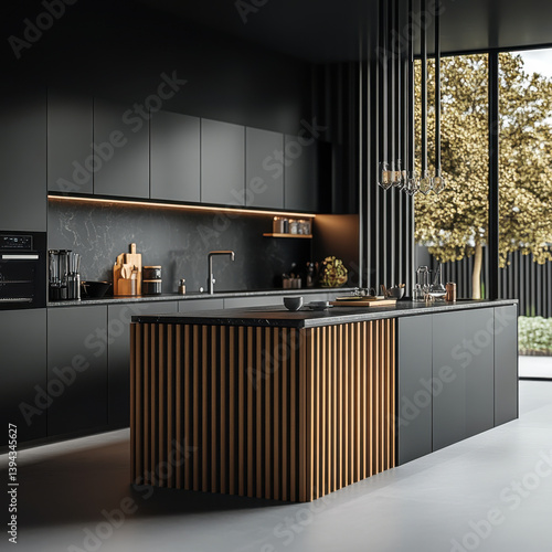Obraz na płótnie Dark and black modern kitchen with large kitchen wooden slats w salonie