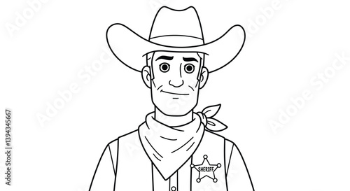 Sheriff Cowboy Stock Coloring Page Line Art Character Wearing Vest With Basic Star Badge Western Justice Graphic Power