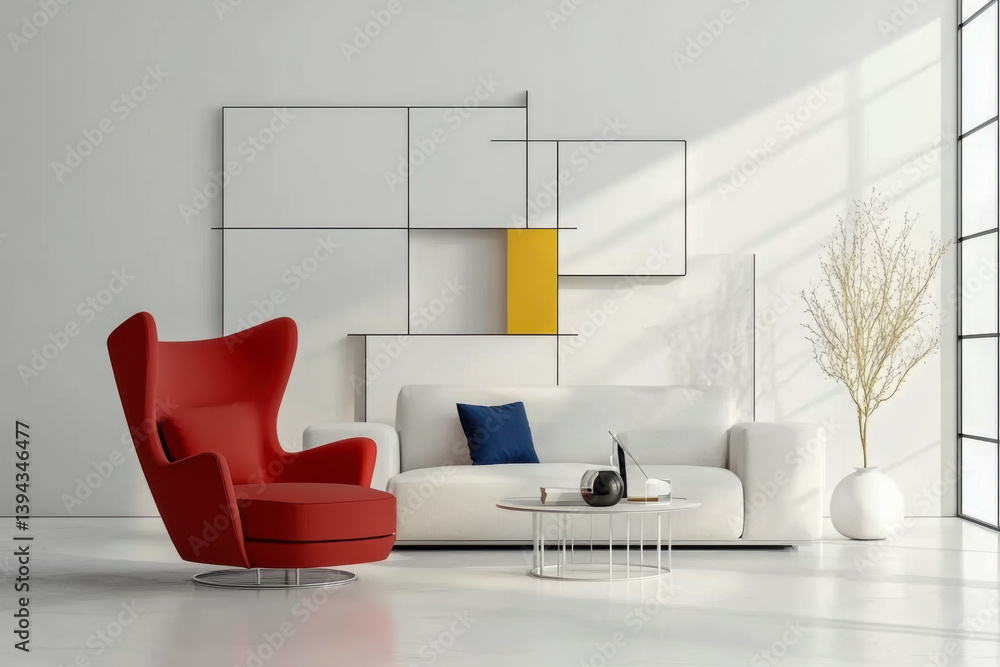 living room Red wingback chair and white sofa in bright room