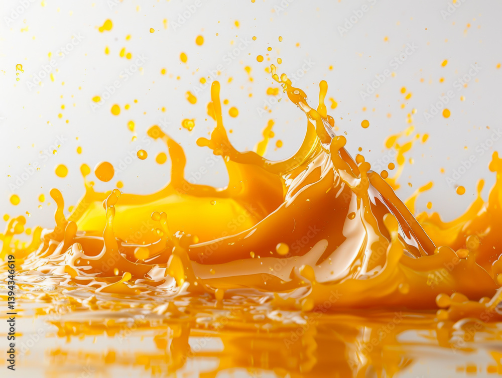 Splash effect of orange juice, high speed photography, on plain white background