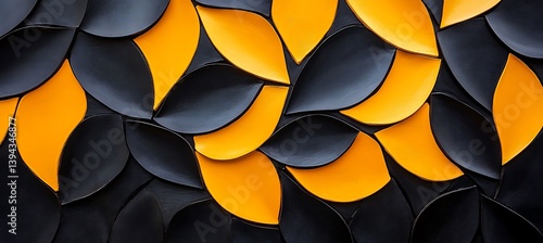 A decorative wall composed of repeating black and orange shapes
