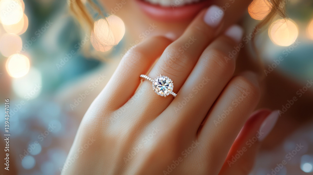 Close up of an elegant engagement diamond ring on woman finger