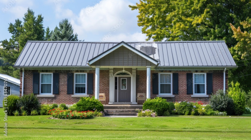Exterior of a small, one-story building with a classic roof design. Exterior of a small, one-story building with a classic roof design.