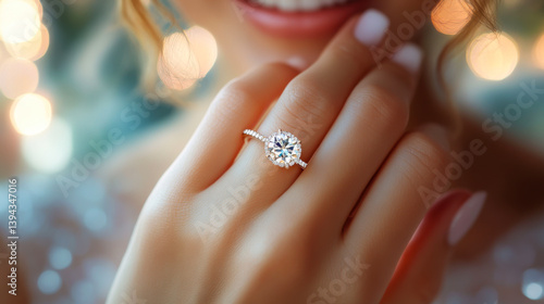 Obraz na płótnie Close up of an elegant engagement diamond ring on woman finger w salonie