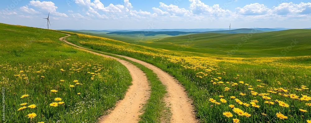 A scenic dirt road winds through a vibrant green and yellow landscape