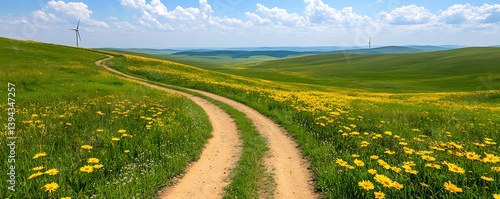 Obraz na płótnie A scenic dirt road winds through a vibrant green and yellow landscape w salonie