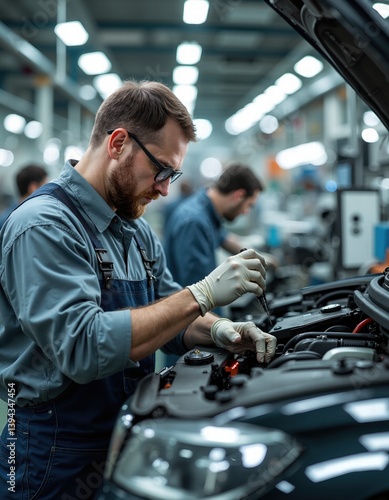 Young caucasian male mechanic working on car engine in busy auto repair shop