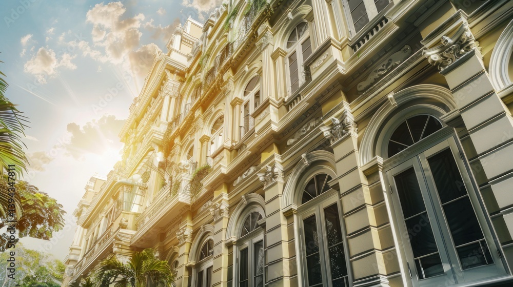 A luxurious hotel building with grand architecture and elegant details.