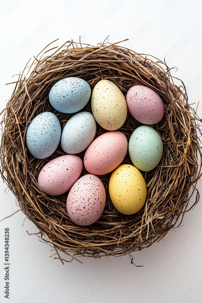 Pastel easter eggs nestled in straw against white background Pastel easter eggs nestled in straw against white background