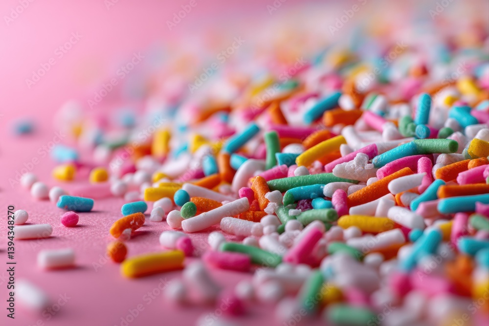 Colorful sprinkles scattered on bright pink background in summer afternoon Colorful sprinkles scattered on bright pink background in summer afternoon