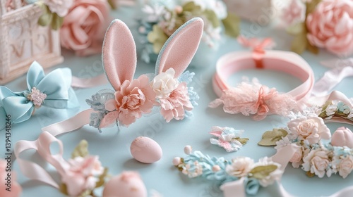 Floral Easter Decor with Bunny Ears and Pastel Accessories Display