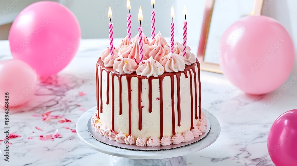A frosted birthday cake with lit candles and pink balloons