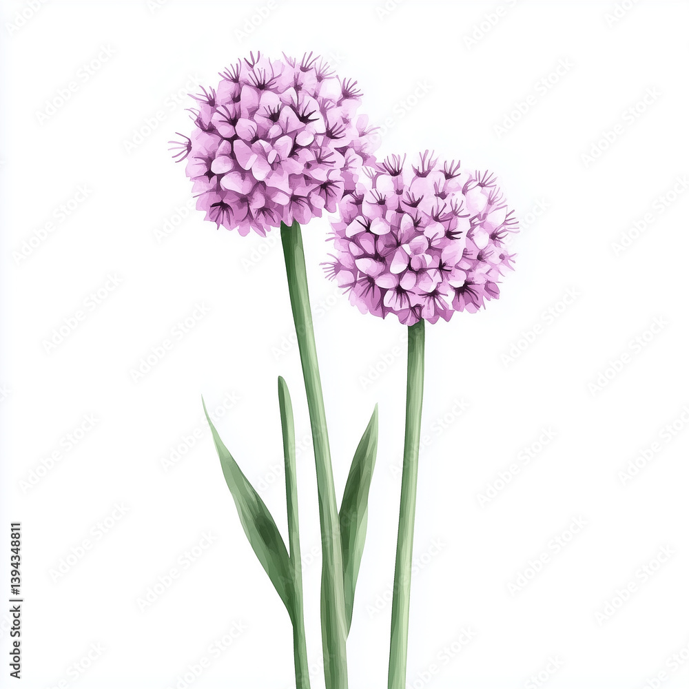 Naklejka premium illustration of Allium Flowers, summer flowers, soft watercolor tones, white background, detailed illustration, cartoonish.