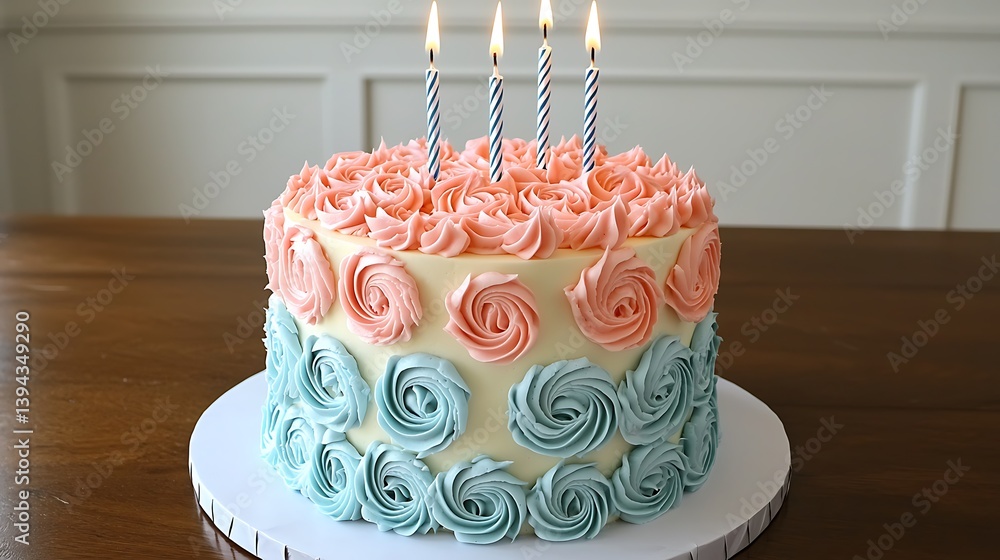 A beautifully decorated cake with candles on a wooden table