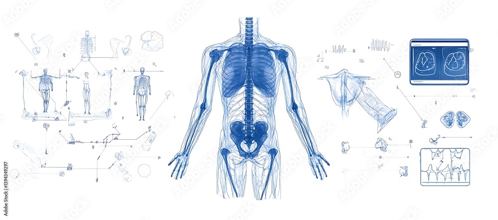 Detailed blue illustration demonstrating the anatomy of the human body
