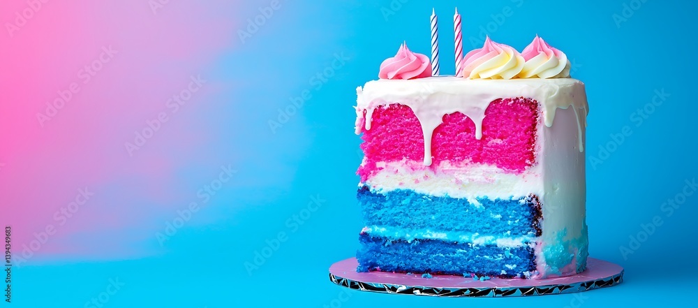 A colorful multi layered cake with decorative frosting and candles