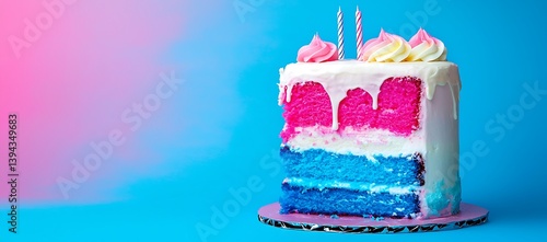 Obraz na płótnie A colorful multi layered cake with decorative frosting and candles w salonie