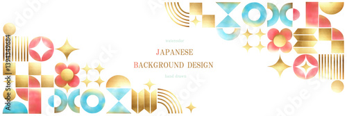 「金箔をあしらった和柄と幾何学模様の水彩背景」ベクター、イラスト