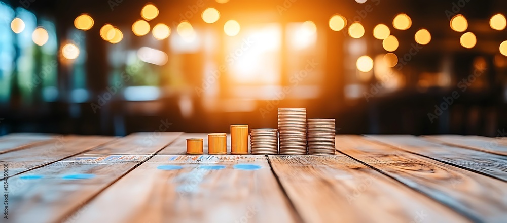 Coin stacks demonstrating financial growth placed upon a wooden surface