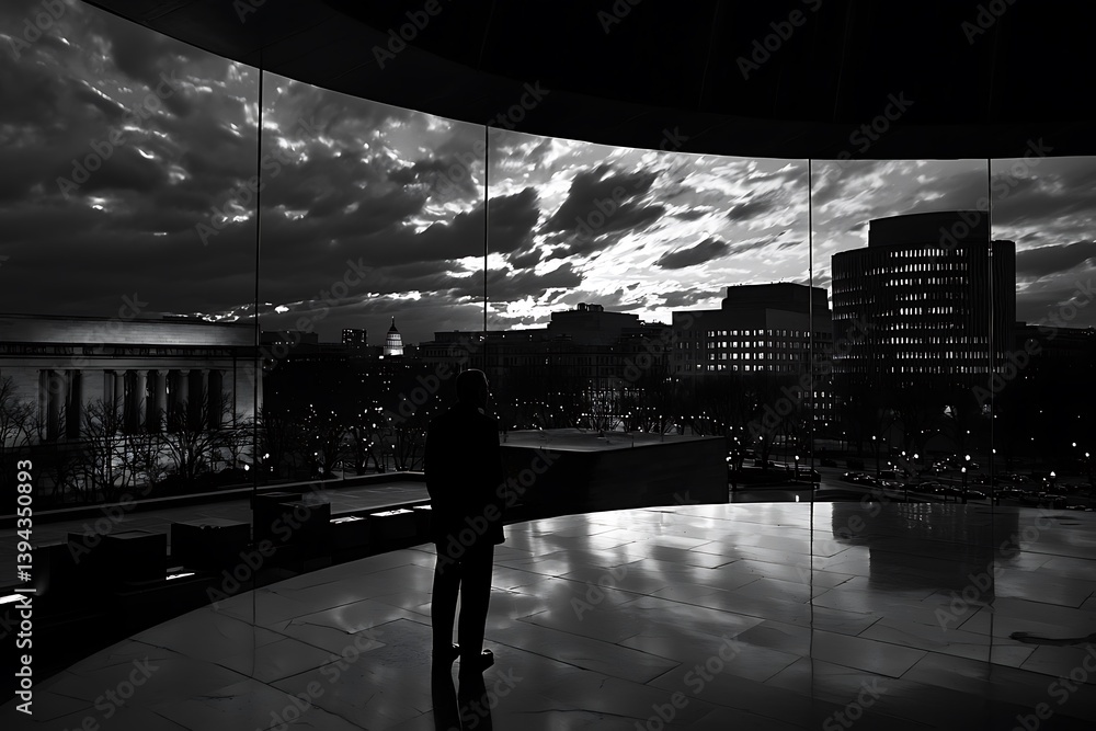 A person standing before a city at dusk is depicted here