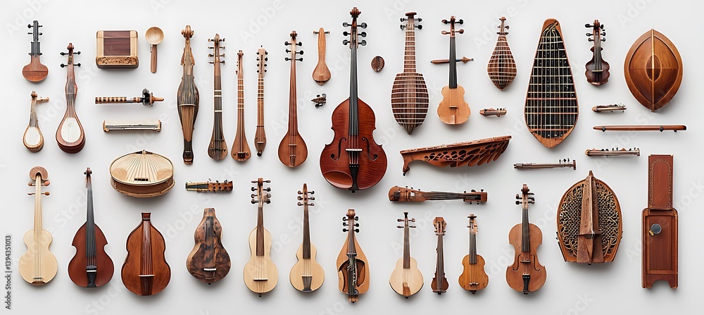 Various Stringed Wooden Musical Instruments Arranged on a White Surface