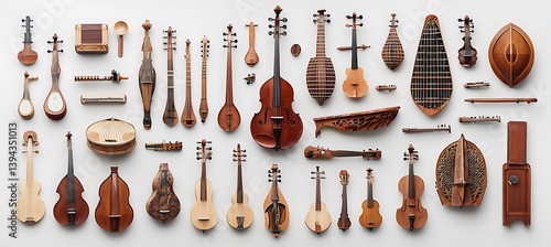 Obraz na płótnie Various Stringed Wooden Musical Instruments Arranged on a White Surface w salonie