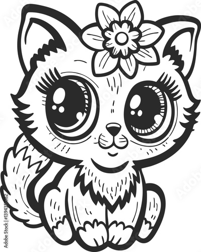 Cute cat with flower, a funny cartoon mammal illustration