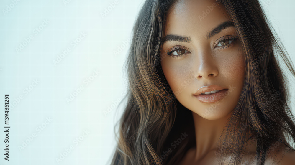 Naklejka premium Radiant Beauty: A close-up portrait of a stunning person, exuding grace and allure with captivating eyes and flowing hair, revealing inner beauty.