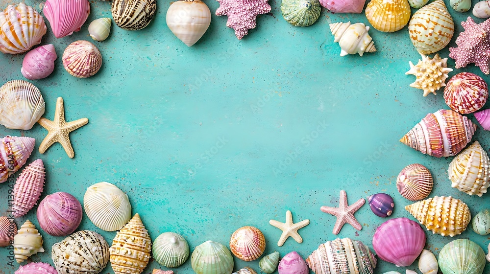 Colorful seashells and starfish arranged on a teal colored background