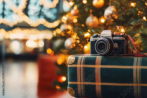A classic camera sits on a suitcase near festive holiday decorations