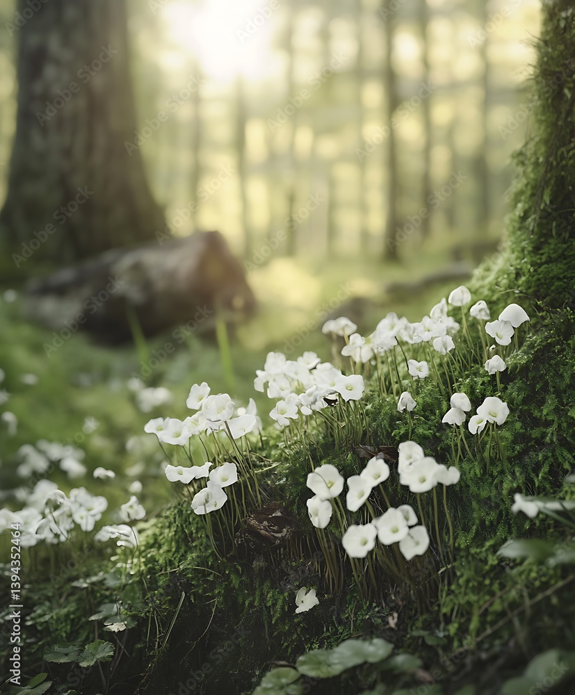 White flowers growing amid moss within a tranquil forest setting
