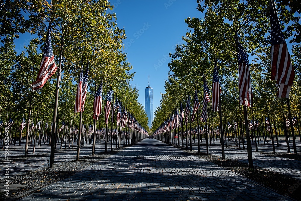 American flags lining a path towards a towering skyscraper in daylight